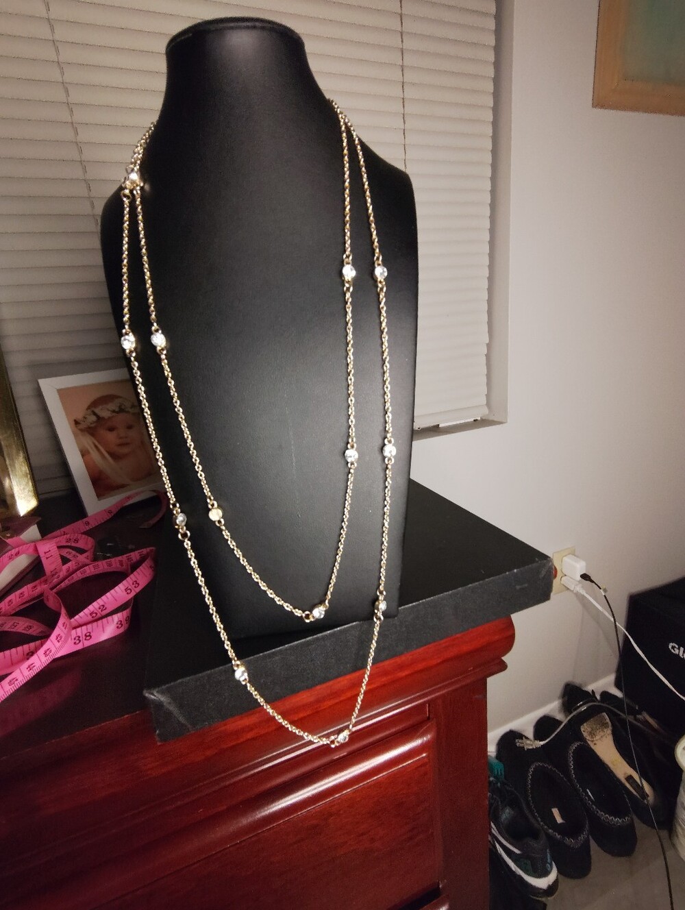 Gold Tone Double Strand Clear Crystal Station Layered Necklace